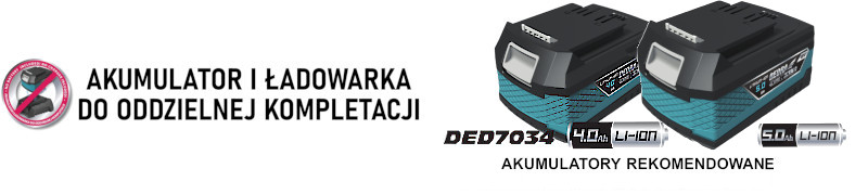 Das Produkt enthält keinen Akku und kein Ladegerät. Empfohlene Batterie 4.0Ah DED7034 oder 5.0Ah DED7035