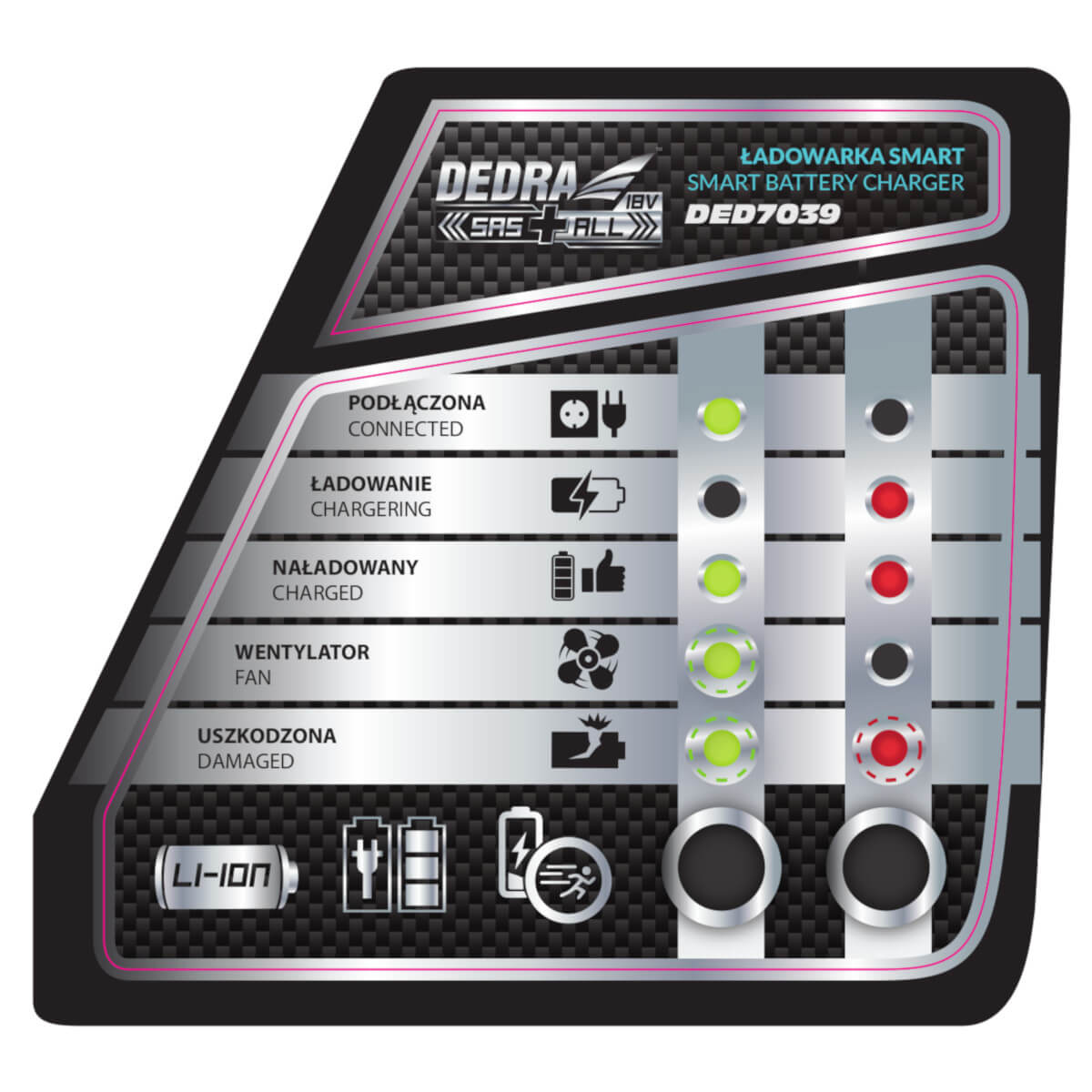 Fazy ładowania oraz stan akumulatora są pokazywane poprzez diody na korpusie ładowarki Szybka ładowarka akumulatorów DEDRA SAS+ALl DED7039