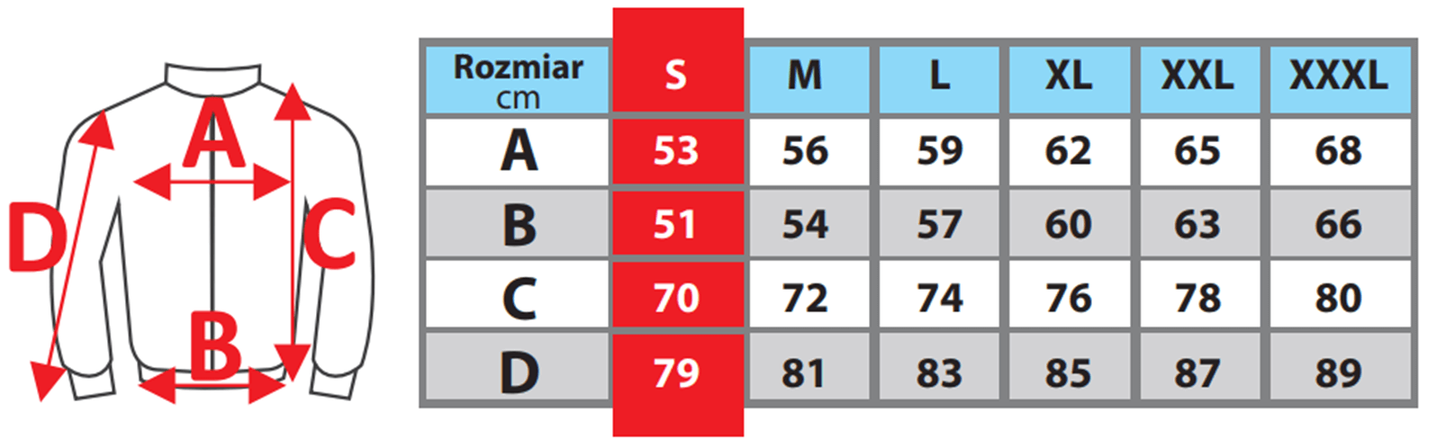 Size chart of BHP DEDRA clothing