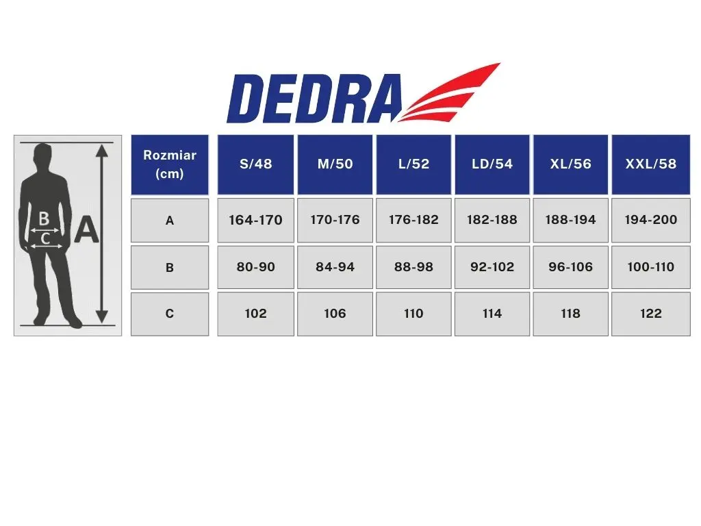 Tabela rozmiarów dla spodni roboczych DEDRA