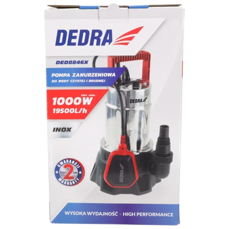 Pompa zanurzeniowa inox do wody czystej i brudnej Garden DEDRA DED8846X 1000W,wysokość podnoszenia 10m, przewód 10m