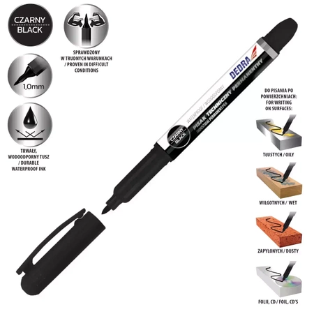 Pisak, marker techniczny permanentny DEDRA M89Z03 czarny 1mm, 2szt