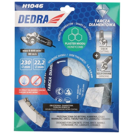 Tarcza diamentowa z segmentem typu plaster miodu, tarcza do cięcia DEDRA H1046, cięcie na mokro, cięcie na na sucho, średnica 230 mm