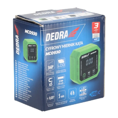 Cyfrowy miernik kąta, kątomierz cyfrowy 3.7V, 4x90 stopni DEDRA MC0930