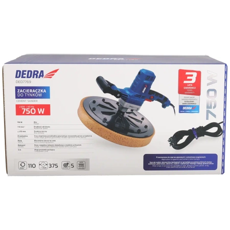 Zacieraczka do tynków 750W 375mm, gąbka, papier, tarcza, DEDRA DED7769