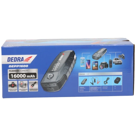 Power-bank z funkcją rozruchu silnika, booster, jump starter DEDRA DEPP1600, Li-Ion 16000mAh, wyświetlacz LCD