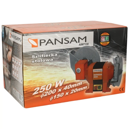 Szlifierka stołowa, dwutarczowa A067130 PANSAM 250W, 150x20mm, 200x20mm, do pracy na sucho i mokro