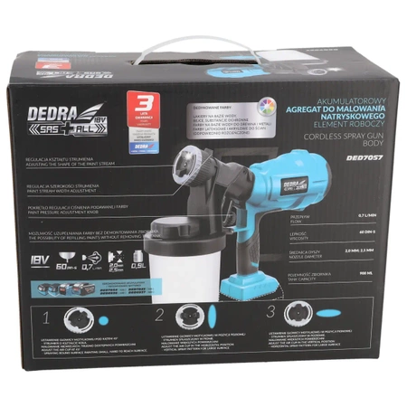 Akumulatorowy agregat do malowania natryskowego DED7057 DEDRA SAS+ALL 0,7l/min, lepkość 60 DIN-S, dysze 2.0-2.5mm, 900ml