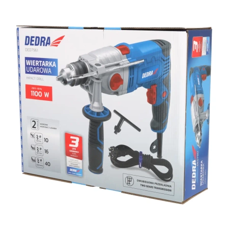 Wiertarka udarowa DEDRA DED7961 1100W, dwa biegi, 0-1200, 0-3200 obr/min, uchwyt kluczykowy 13mm, korpus aluminiowy