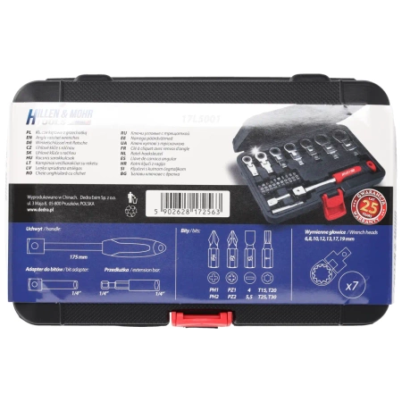 Klucze kątowe z grzechotką, Hillen&Mohr 17L5001, 6-19mm, CrV, 20szt, wymienne głowice 