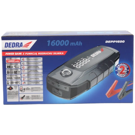 Power-bank z funkcją rozruchu silnika, booster, jump starter DEDRA DEPP1600, Li-Ion 16000mAh, wyświetlacz LCD