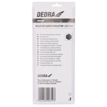Zestaw kluczy sześciokątnych, HEX, ampule, imbusowe DEDRA 0652 CrV, metrowe, 215mm, 9szt