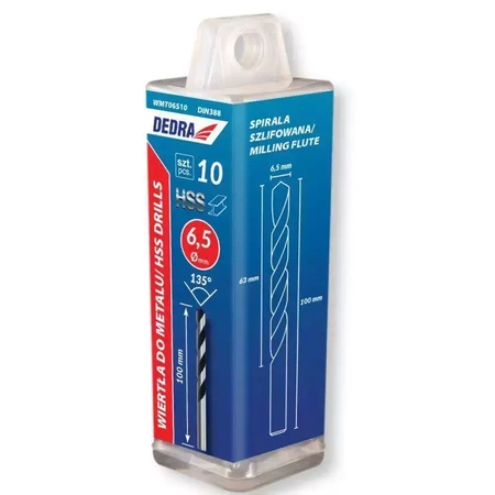 Wiertło do metalu DEDRA WMT06093 HSS, Stal 4341, 135°, 6x93mm, 10szt, tuba