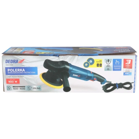 Polerka mimośrodowo-rotacyjna, elektryczna, DEDRA DED7991, moc 900W, prędkość obrotowa 1500-4500 RPM, dwa wymienne pady 125/150mm