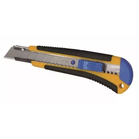 Nóż tapicerski, tapeciak, nóż łamany DEDRA M9015 18mm+zapas. uchwyt gumowany, prowadnica metalowa, blokada suwakiem