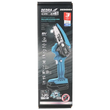 Mini piła łańcuchowa akumulatorowa, mini piła do gałęzi DEDRA SAS+ALL DED6984 18V, prowadnica 4"