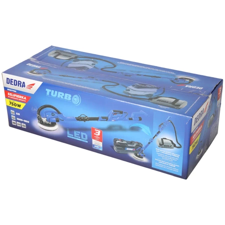 Szlifierka wysięgnikowa do gipsu z przekładnią, żyrafa, turbo DEDRA DED7766 750W, 225mm, LED, do gładzi, walizka