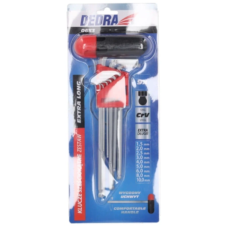 Zestaw kluczy sześciokątnych, HEX, ampule, imbusowe DEDRA 0653 CrV, z kulką, uchylne, metrowe, 215mm, 9szt