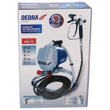 Agregat malarski hydrodynamiczny, wysokociśnieniowy, bezpowietrzny, DEDRA DED7421 650W, 205bar, wąż 7,5m