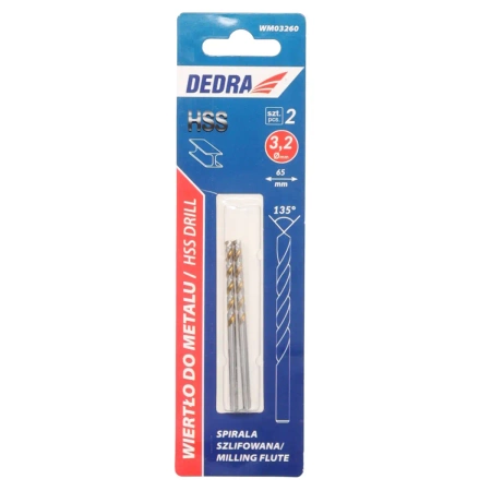 Wiertło do metalu DEDRA WM03260 HSS, Stal 4341, 135°, 3,2x65mm, 2szt