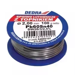 Lut z topnikiem, spoiwo lutownicze DEDRA 31L42010 2.0mm, 100g, 40%SN, Pb60Sn40