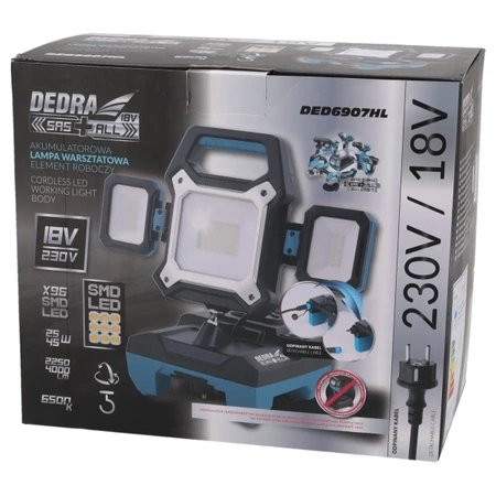 Lampa warsztatowa 18V/230V DEDRA SAS+ALL DED6907HL SMD LED, 25W (18V 2250lm)/45W(230V 4000lm), odpinany kabel