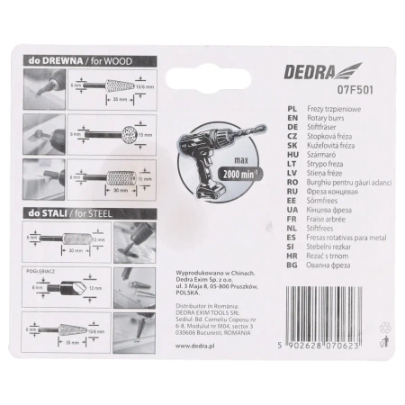 Frezy trzpieniowe do metalu i drewna, DEDRA 07F501 6szt zestaw, trzpień 6mm, HCS