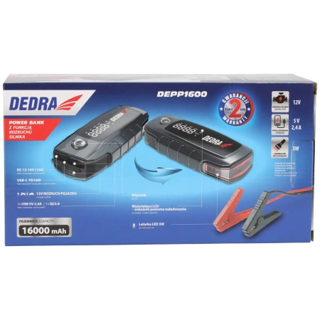 Power-bank z funkcją rozruchu silnika, booster, jump starter DEDRA DEPP1600, Li-Ion 16000mAh, wyświetlacz LCD