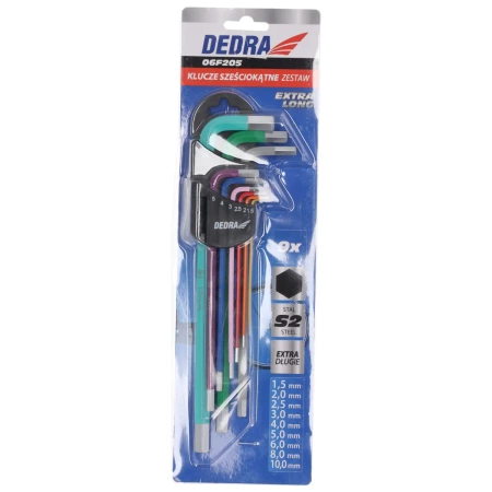 Zestaw kluczy sześciokątnych extra-długich DEDRA 06F205 zestaw 9szt, kolor 1.5-10mm, S2