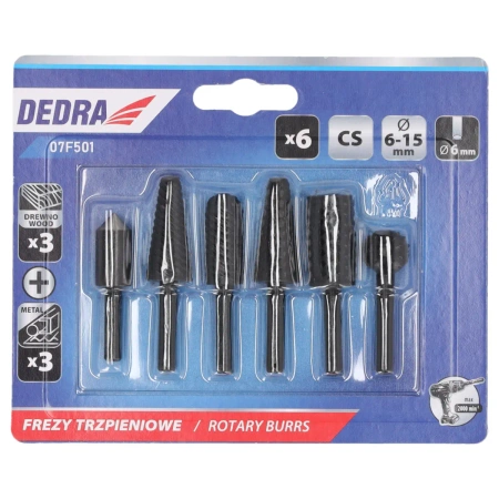 Frezy trzpieniowe do metalu i drewna, DEDRA 07F501 6szt zestaw, trzpień 6mm, HCS