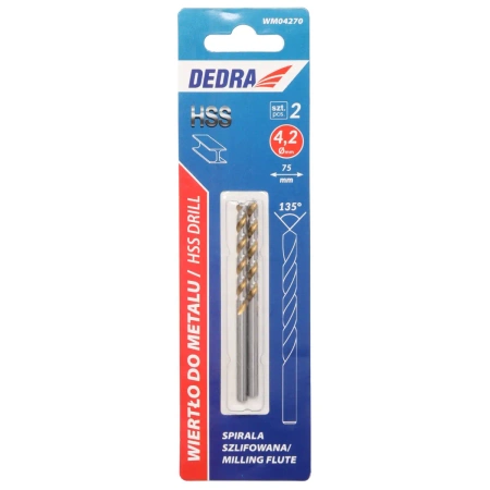 Wiertło do metalu DEDRA WM04270 HSS, Stal 4341, 135°, 4,2x75mm, 2szt