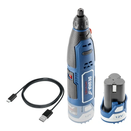 Zestaw elektronarzędzi DEDRA MAUS DED7310T10: mini-szlifierka akumulatorowa 12V DED7340Z1 + akcesoria 47 szt.,, 32 Nm, akumulator 2 Ah DED7320, przewód USB-C do ładowania DED7300